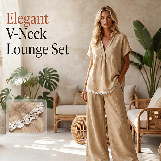 Loungewear-sett for kvinner med V-hals topp og vide bukser