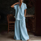 Loungewear-sett for kvinner med V-hals topp og vide bukser