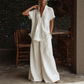 Loungewear-sett for kvinner med V-hals topp og vide bukser
