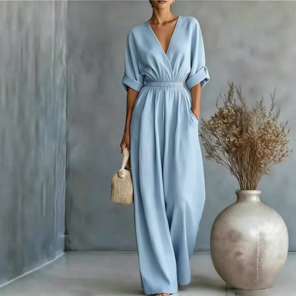Elegant jumpsuit med V-hals og vide ben for kvinner