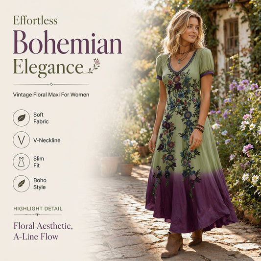 Vintage maxi-kjole med V-hals og blomstermønster for kvinner