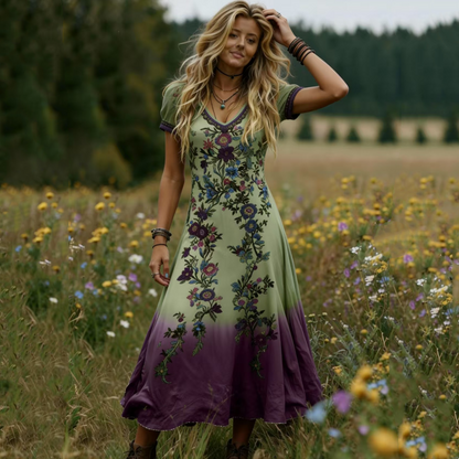 Vintage maxi-kjole med V-hals og blomstermønster for kvinner
