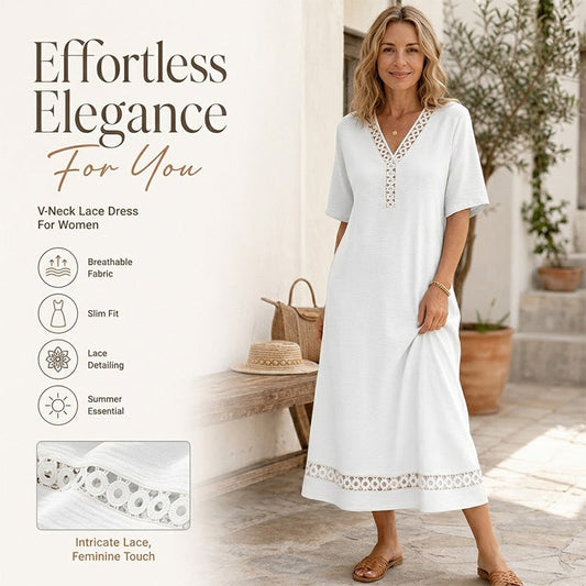 Elegant damekjole med V-hals og blondedetaljer