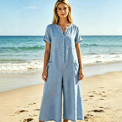Uformell jumpsuit med korte ermer og vide ben for kvinner