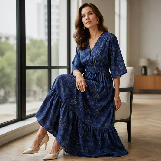 Elegant kjole med V-hals og mønster for damer
