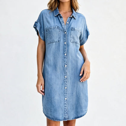 Løs denimskjortekjole for kvinner