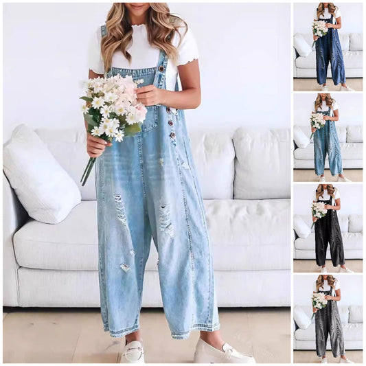 Søte Avslappede Jumpsuit med Knapper for Kvinner - Slitte Denim Snekkerbukse