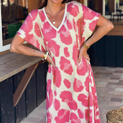 Casual kjole med V-hals og leopardmønster for damer