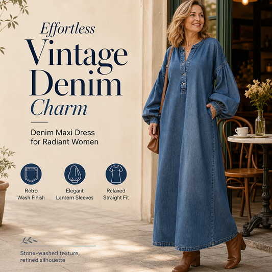🛒 Handlevogn til halv pris! Maxikjole i denim med lange lantern-ermer for kvinner