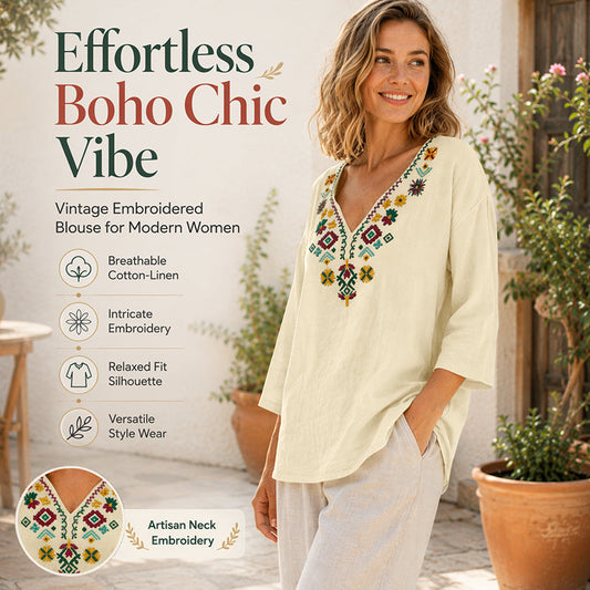 Vintage-bluse med blomsterbroderi og V-hals for kvinner