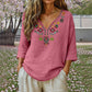 Vintage-bluse med blomsterbroderi og V-hals for kvinner