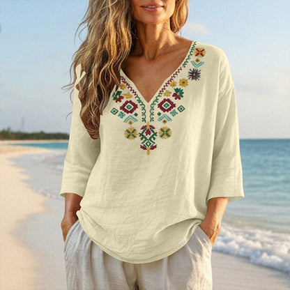 Vintage-bluse med blomsterbroderi og V-hals for kvinner