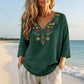 Vintage-bluse med blomsterbroderi og V-hals for kvinner