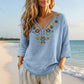 Vintage-bluse med blomsterbroderi og V-hals for kvinner