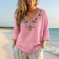 Vintage-bluse med blomsterbroderi og V-hals for kvinner