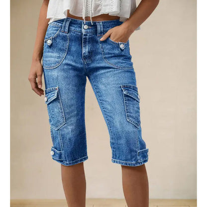 Knelange cargoshorts i denim for damer, med lommer