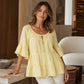 🔥Et must-have👚 Top med volanger i lag og 3/4-ermer – elegant fall og myk tekstur for uanstrengt eleganse