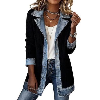 Elegant damekåpe i denim med ribbestrikket innsats
