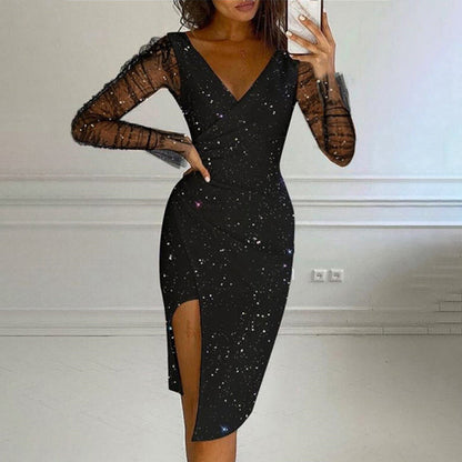 Glitrende bodycon-kjole for kvinner med nettingermer