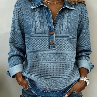 Dameskorte i denim med lappeteknikk, langermet og med krage