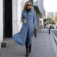 Dame avslappet lang denimjakke med knapper