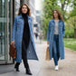 Dame avslappet lang denimjakke med knapper
