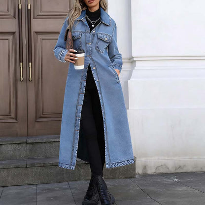Dame avslappet lang denimjakke med knapper