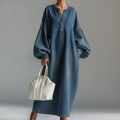 🛒 Handlevogn til halv pris! Maxikjole i denim med lange lantern-ermer for kvinner