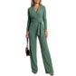 Dame langermet jumpsuit med V-hals og belte