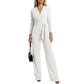 Dame langermet jumpsuit med V-hals og belte