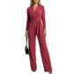 Dame langermet jumpsuit med V-hals og belte