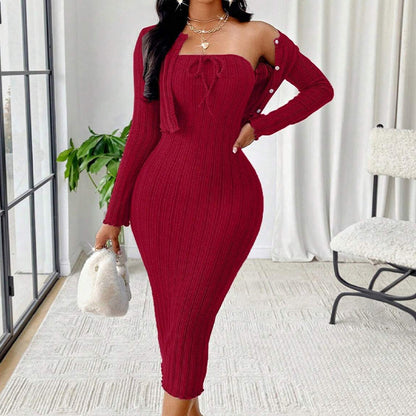 Kvinner ribbet strikket bodycon-kjole med kort cardigan