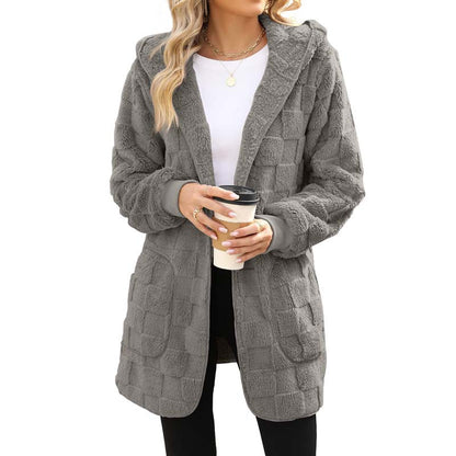 🌸49 % RABATT NÅ! Myk fleece-kofta med hette, strukturert rutemønster, åpen foran og med lommer