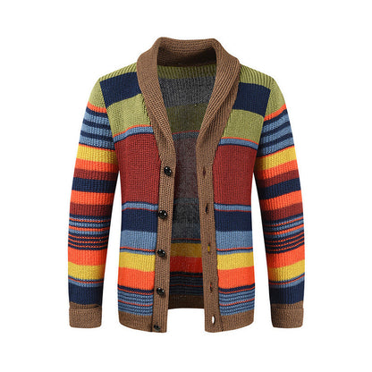 Strikket cardigan-genser med sjalskrage og striper for menn