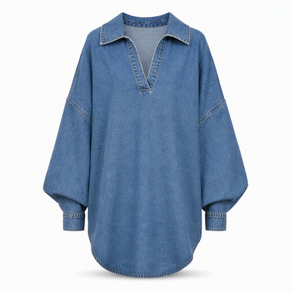 Dame uformell løs denim V-hals genser med flaggermusermer og asymmetrisk kant