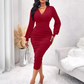 Kvinner V-hals lanterneerme rynket bodycon-kjole