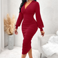 Kvinner V-hals lanterneerme rynket bodycon-kjole