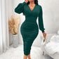 Kvinner V-hals lanterneerme rynket bodycon-kjole