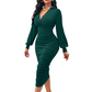 Kvinner V-hals lanterneerme rynket bodycon-kjole