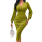 Kvinner V-hals lanterneerme rynket bodycon-kjole