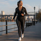 Treningsdress med glidelåsgenser og leggings for kvinner