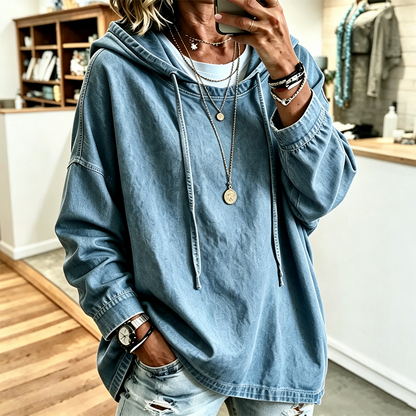 Kvinner uformell denim-genser med hette