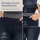 Mørkvaskede jeans for kvinner med høy midje, slim fit og bred elastisk linning, med trekk-på-design