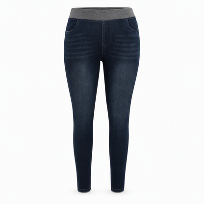 Mørkvaskede jeans for kvinner med høy midje, slim fit og bred elastisk linning, med trekk-på-design