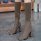 Dame støvler med strikket stoff, høy tykk hæl og strekk
