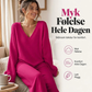Damegenser i strikk med V-hals og bukser med vide bein, sett
