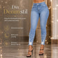 Lyseblå skinnyjeans til kvinner med perlepynt, smal passform, rå og frynsete midje og slitte, revne ankelmansjetter