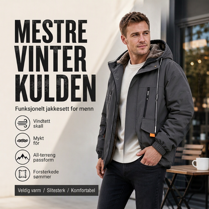 Herreparkasjakke med plymfôr og hette