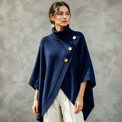 Asymmetrisk turtleneck poncho-strikkegenser for kvinner