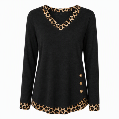 🍂 50% RABATT | Strikket topp med V-hals, leoparddetaljer & dekorative knapper